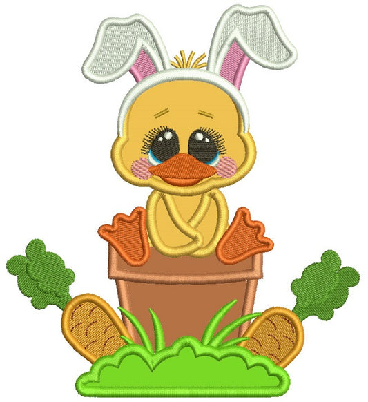 Easter Chick Wearing Bunny Ears Sitting On The Flower Pot Applique Machine Embroidery Design Digitized Pattern