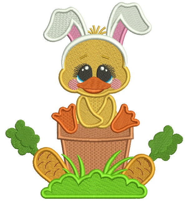 Easter Chick Wearing Bunny Ears Sitting On The Flower Pot Filled Machine Embroidery Design Digitized Pattern
