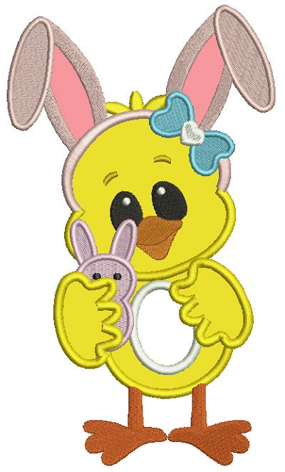 Easter Chick Wearing Bunny Ears With Cute Bow Applique Machine Embroidery Design Digitized Pattern