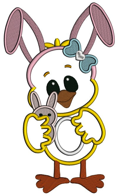 Easter Chick Wearing Bunny Ears With Cute Bow Applique Machine Embroidery Design Digitized Pattern