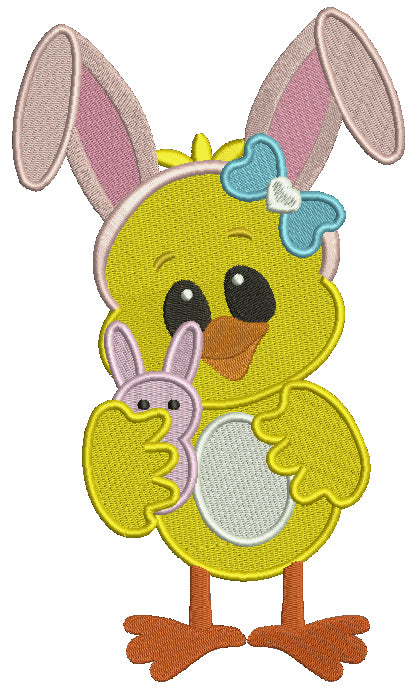 Easter Chick Wearing Bunny Ears With Cute Bow Filled Machine Embroidery Design Digitized Pattern