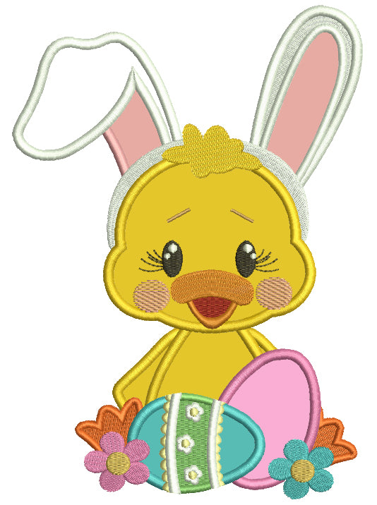 Easter Chick With Bunny Ears Holding Easter Eggs With Flowers Applique Machine Embroidery Design Digitized Pattern