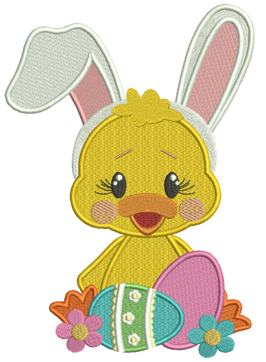 Easter Chick With Bunny Ears Holding Easter Eggs With Flowers Filled Machine Embroidery Design Digitized Pattern