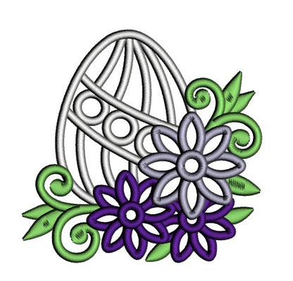 Easter Egg With Flowers and Green Vines Applique Machine Embroidery Design Digitized Pattern