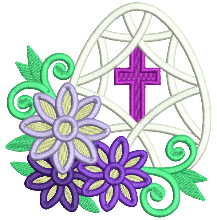 Easter Egg With a Cross And Flowers Filled Machine Embroidery Design Digitized Pattern