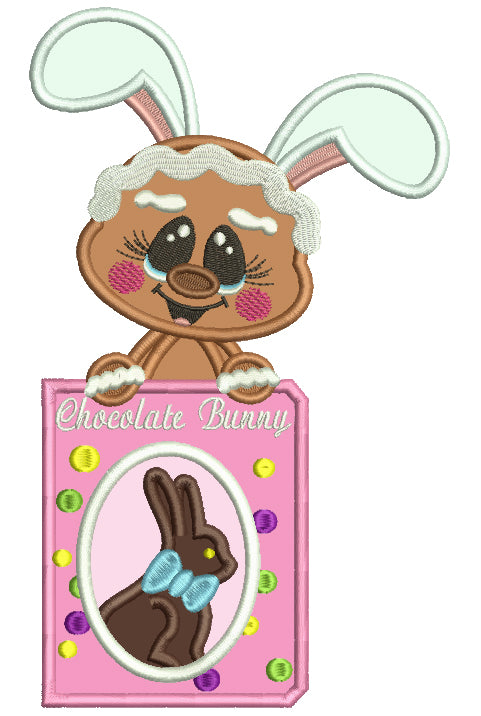 Easter Gingerbread Man Holding Chocolate Bunny Applique Machine Embroidery Design Digitized