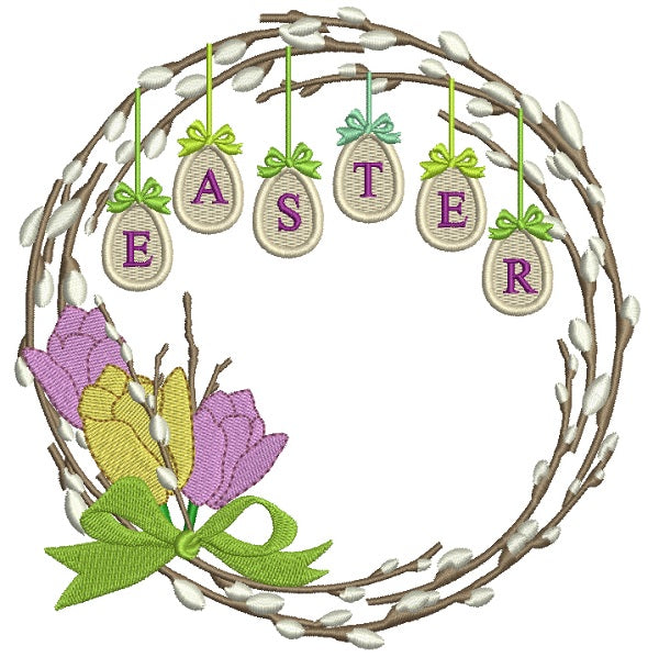 Easter Wreath With Easter Eggs and Flowers Filled Machine Embroidery Design Digitized Pattern