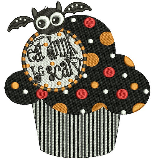 Eat Drink Be Scary Black Owl on a Cupcake Halloween Filled Machine Embroidery Design Digitized Pattern