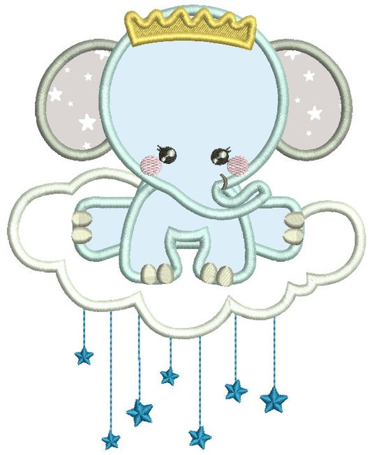 Elephant Baby Prince On The Cloud Applique Machine Embroidery Design Digitized Pattern
