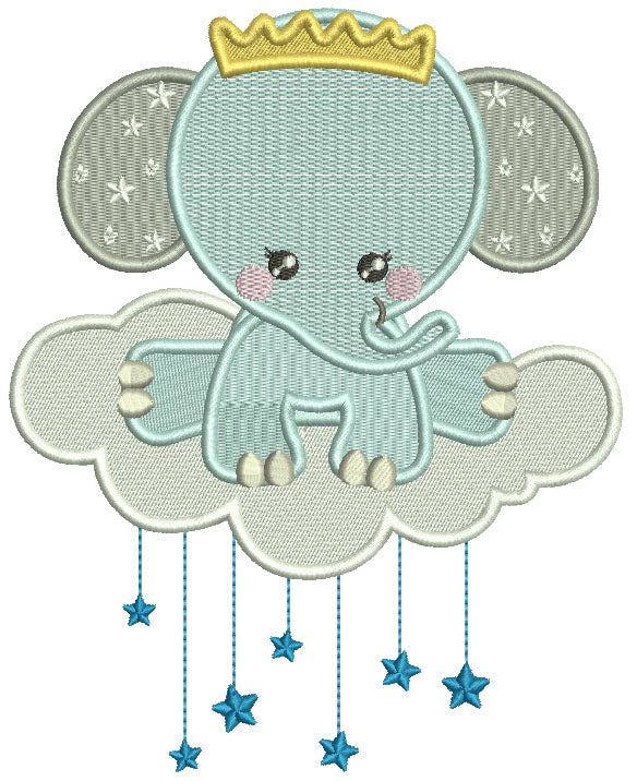 Elephant Baby Prince On The Cloud Filled Machine Embroidery Design Digitized Pattern