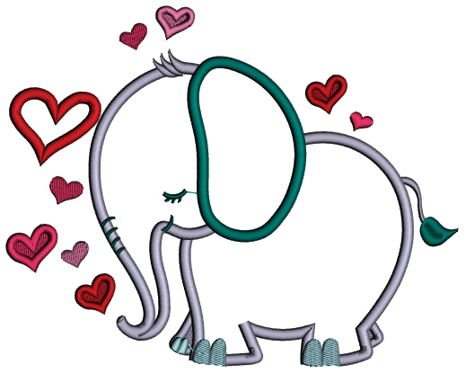 Elephant With Hearts Valentine's Day Applique Machine Embroidery Design Digitized Pattern