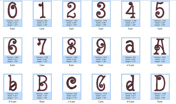 Embroidery Font Script - Instant Download - Tonic Scroll Script (Upper Case, Lower Case, Numbers 1-9) - 620 Files