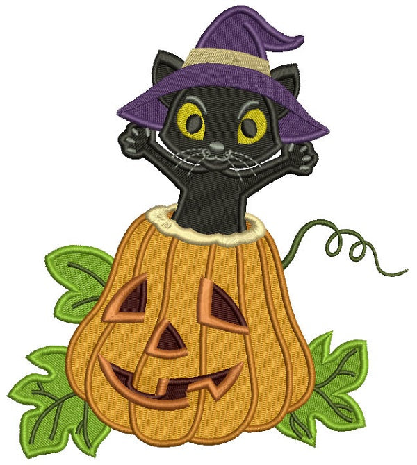 Excited Black Cat Sitting in the Pumpkin Halloween Filled Machine Embroidery Design Digitized Pattern