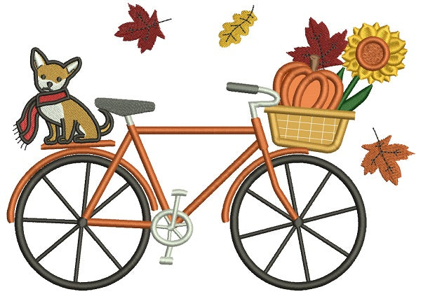 Fall Bike With a Cute Dog And a Pumpkin Applique Thanksgiving Machine Embroidery Design Digitized Pattern