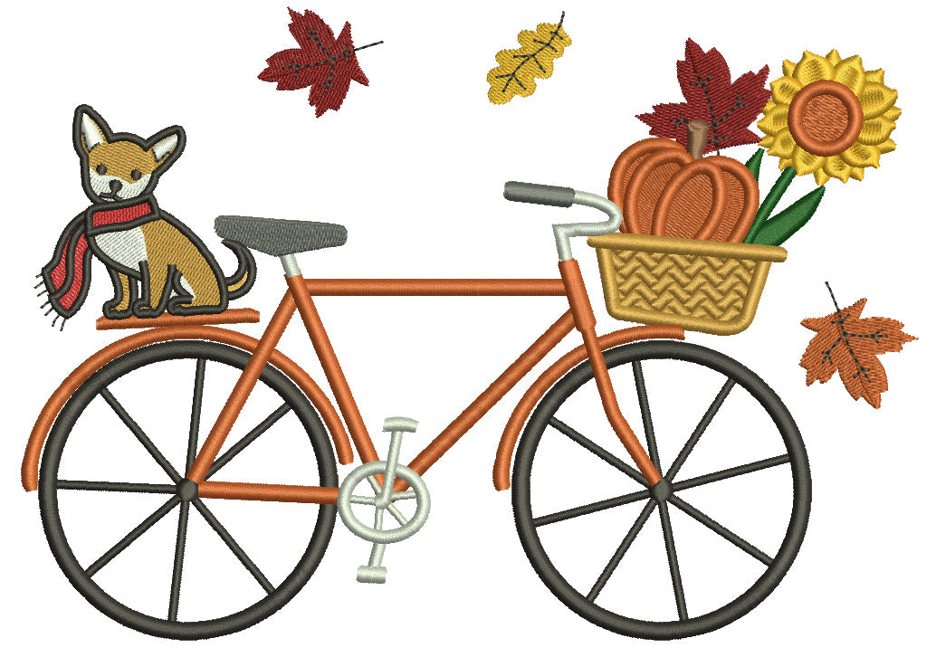 Fall Bike With a Cute Dog And a Pumpkin Filled Thanksgiving Machine Embroidery Design Digitized Pattern