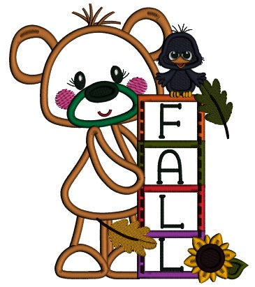 Fall Cute Bear With a Crow Applique Machine Embroidery Design Digitized Pattern