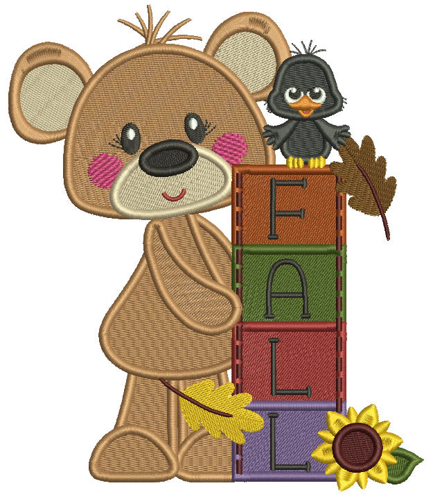Fall Cute Bear With a Crow Filled Machine Embroidery Design Digitized Pattern