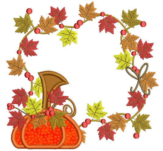 Fall Leaves and Pumpkin Ornament Arangement Applique Machine Embroidery Digitized Design Pattern