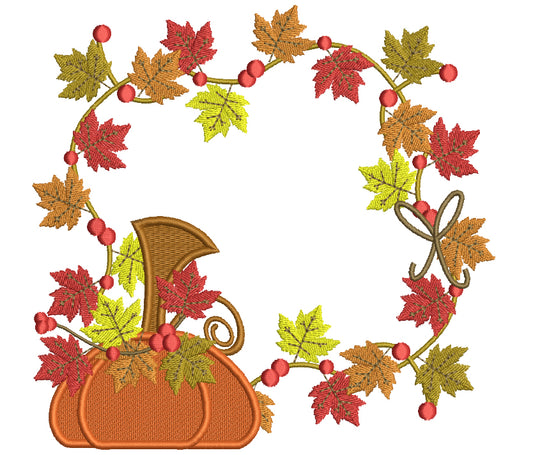 Fall Leaves and Pumpkin Ornament Arangement Filled Machine Embroidery Digitized Design Pattern