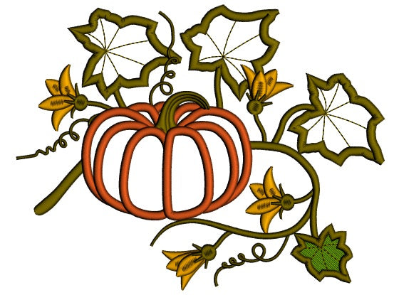 Fall Pumpkin With Wild Leaves Thanksgiving Applique Machine Embroidery Design Digitized Pattern