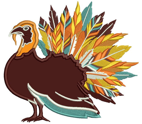 Fancy Feathered Turkey Thanksgiving Applique Machine Embroidery Design Digitized Pattern