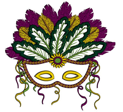 Fancy Mardi Gras Mask With Gorgeous Feathers Applique Machine Embroidery Design Digitized Pattern