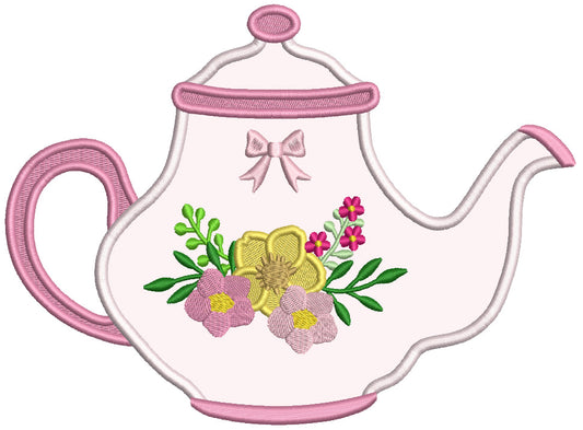 Fancy Teapot WIth Flowers Applique Machine Embroidery Design Digitized Pattern