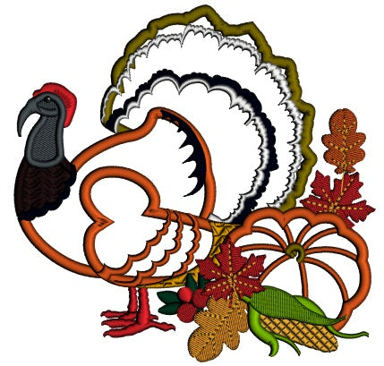 Fancy Turkey With a Pumpkin Applique Thanksgiving Machine Embroidery Design Digitized Pattern