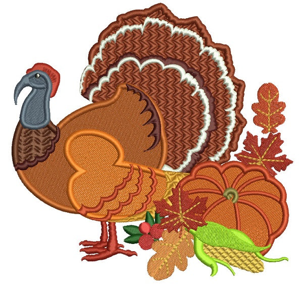 Fancy Turkey With a Pumpkin Filled Thanksgiving Machine Embroidery Design Digitized Pattern
