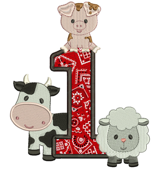 Farm Animals Birthday Number One Applique Machine Embroidery Design Digitized Pattern