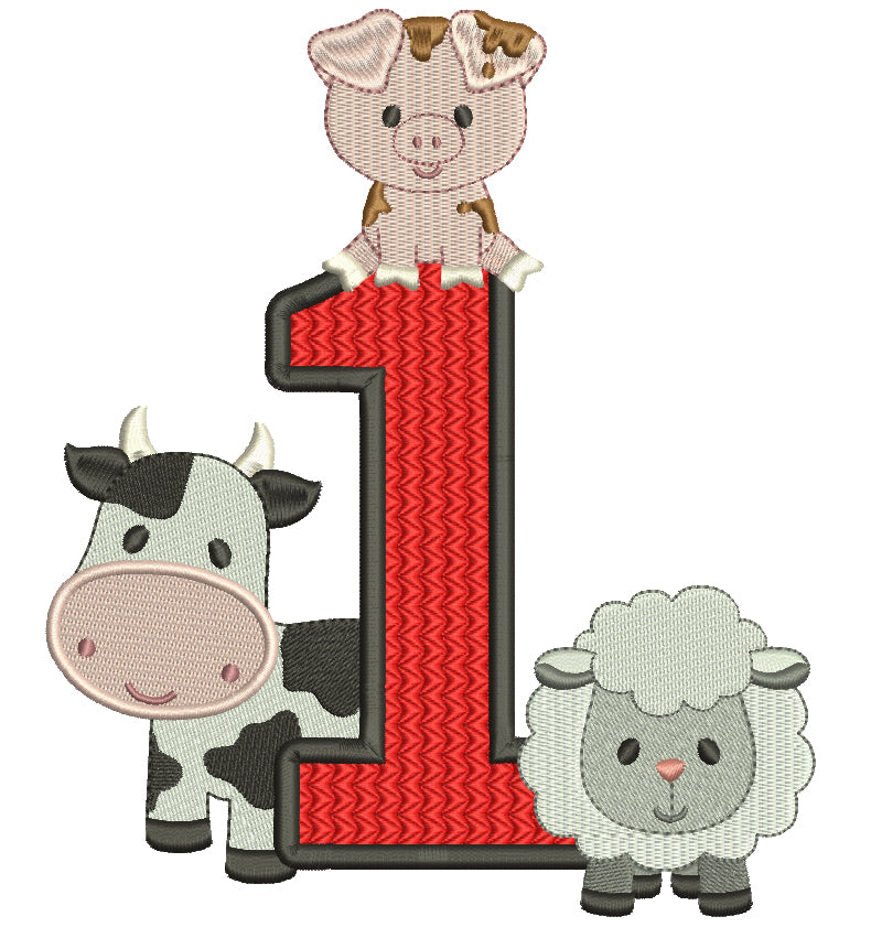 Farm Animals Birthday Number One Filled Machine Embroidery Design Digitized Pattern