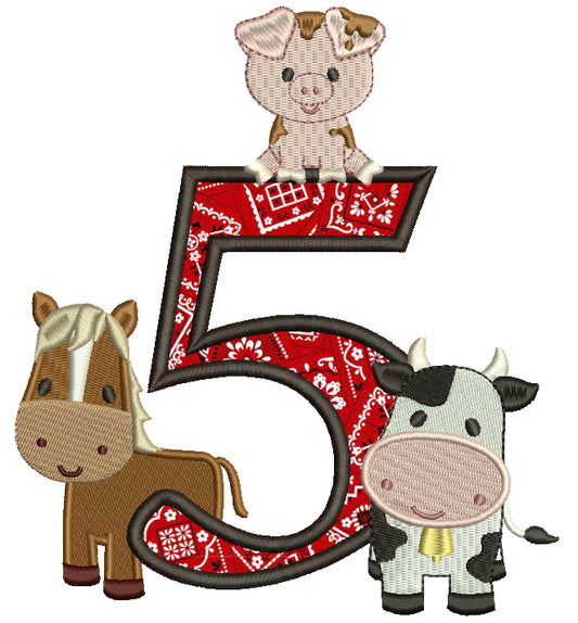 Farm Animals Bithday Number Five Applique Machine Embroidery Design Digitized Pattern