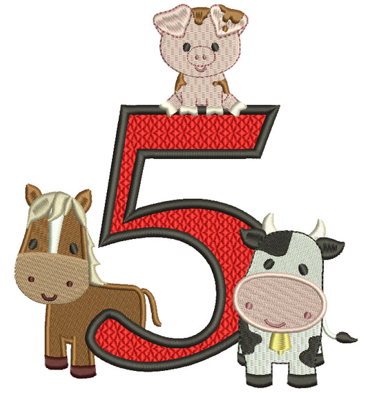 Farm Animals Bithday Number Five Filled Machine Embroidery Design Digitized Pattern