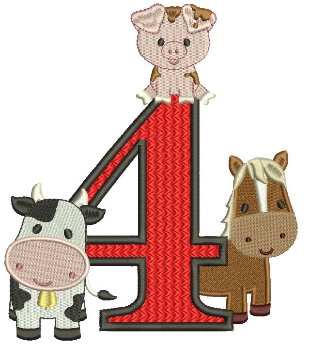 Farm Animals Bithday Number Four Filled Machine Embroidery Design Digitized Pattern