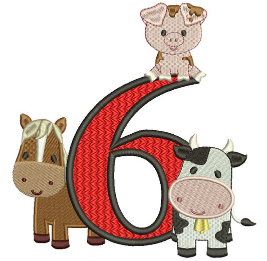 Farm Animals Bithday Number Six Filled Machine Embroidery Design Digitized Pattern