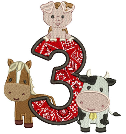Farm Animals Birthday Number Three Applique Machine Embroidery Design Digitized Pattern