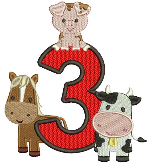 Farm Animals Bithday Number Three Filled Machine Embroidery Design Digitized Pattern