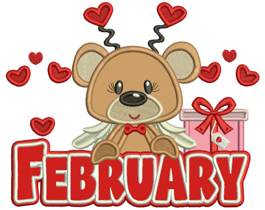 February Bear Valentine's Day Applique Machine Embroidery Design Digitized Pattern