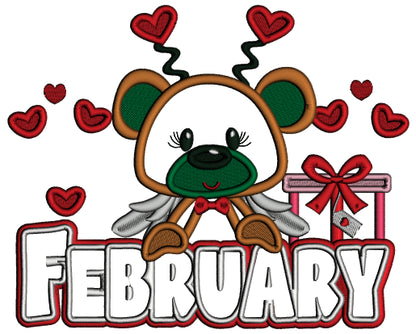 February Bear Valentine's Day Applique Machine Embroidery Design Digitized Pattern