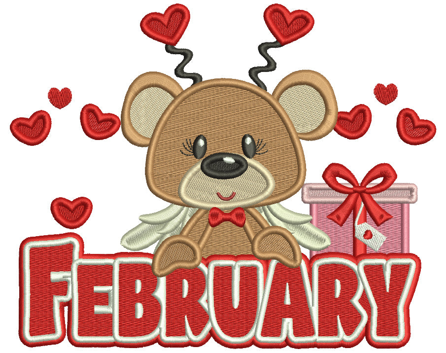 February Bear Valentine's Day Filled Machine Embroidery Design Digitized Pattern