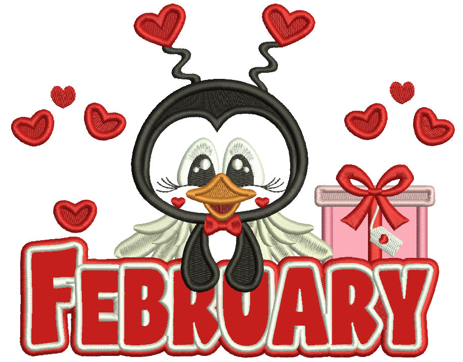 February Penguin With Hearts Valentine's Day Applique Machine Embroidery Design Digitized Pattern