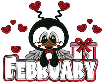 February Penguin With Hearts Valentine's Day Applique Machine Embroidery Design Digitized Pattern