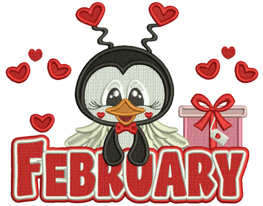 February Penguin With Hearts Valentine's Day Filled Machine Embroidery Design Digitized Pattern