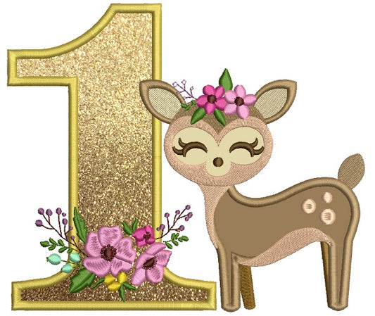 First Birthday Girl Baby Deer Applique Machine Embroidery Design Digitized Pattern