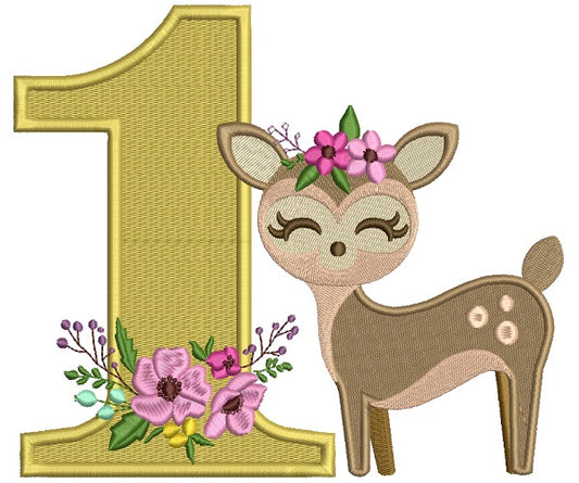 First Birthday Fawn Girl Baby Deer Filled Machine Embroidery Design Digitized Pattern