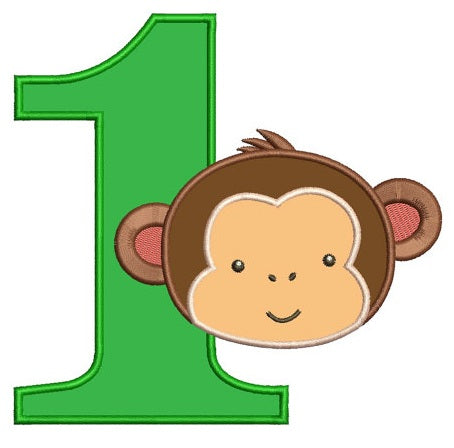 First Birthday Number 1 Monkey Design Machine Embroidery Digitized Applique Pattern - Instant Download - 4x4 , 5x7, and 6x10 -hoops