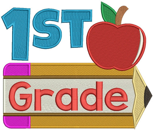 First Grade Apple and Pencil School Filled Machine Embroidery Digitized Design Pattern