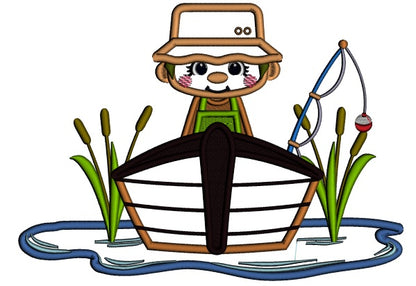 Fisherman Catching Fish On The Boat Applique Machine Embroidery Design Digitized Pattern