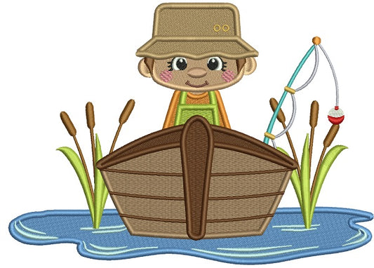Fisherman Catching Fish On The Boat Filled Machine Embroidery Design Digitized Pattern