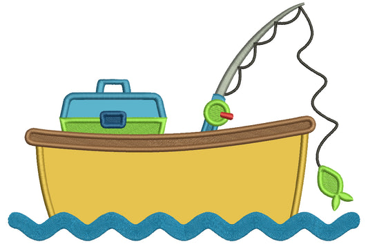Fishing Boat With Fishing Pole Applique Machine Embroidery Design Digitized Pattern